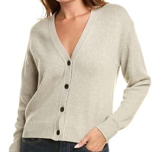 Theory Light Gray Cashmere Cotton Blend Cardigan Sweater with Black Buttons XL